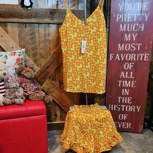 Yellow and Orange Floral Tank Top and Short Set